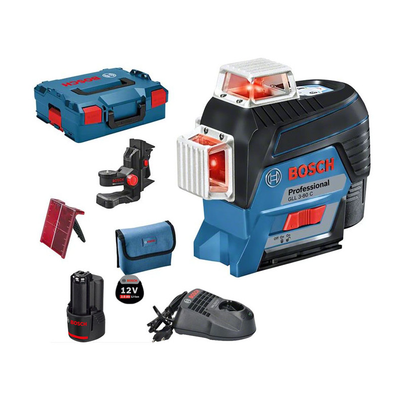 LASER MULTILIGNES BOSCH 12V GLL 3-80 C AVEC BATTERIE 2.0AH ET CHARGEUR EN COFFRET L-BOXX