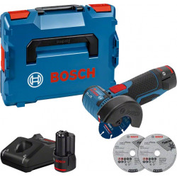 MEULEUSE D'ANGLE 12V BOSCH GWS 12V-76 - 2 BATTERIES 3AH - CHARGEUR - COFFRET L-BOXX MEULEUSE D'ANGLE 12V BOSCH GWS 12V-76 - 2 BATTERIES 3AH - CHARGEUR - COFFRET L-BOXX