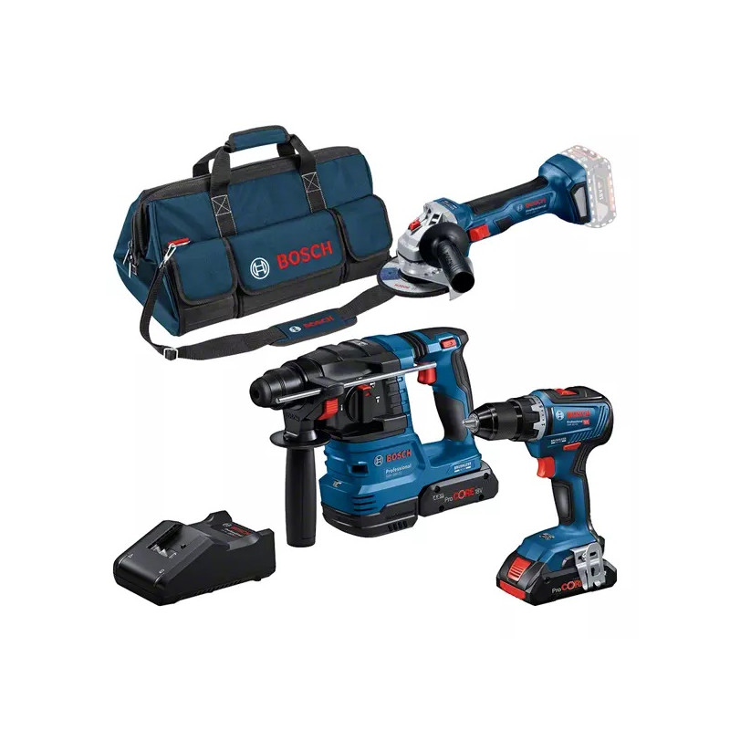 ENSEMBLE DE 3 OUTILS 18V BOSCH (GSR 18V-55/GBH 18V-22/GWS 18V-7) - 2 BATTERIES 4AH - CHARGEUR - SAC DE TRANSPORT