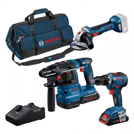 ENSEMBLE DE 3 OUTILS 18V BOSCH (GSR 18V-55/GBH 18V-22/GWS 18V-7) - 2 BATTERIES 4AH - CHARGEUR - SAC DE TRANSPORT