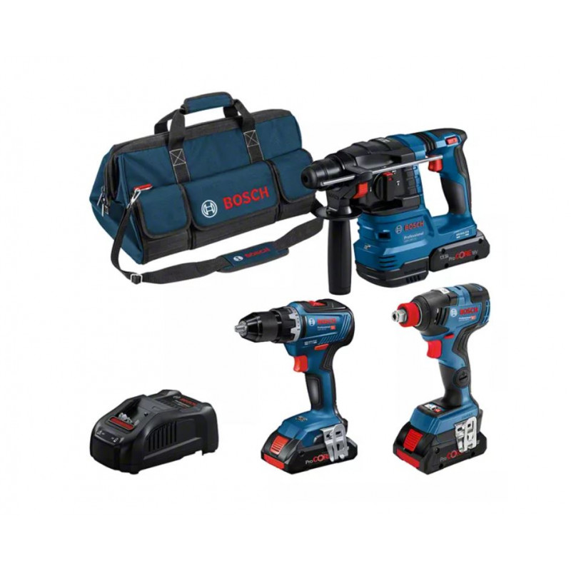ENSEMBLE DE 3 OUTILS 18V BOSCH (GSR55/GBH22/ GDX200) - 3 BATTERIES 4AH - CHARGEUR RAPIDE - SAC DE TRANSPORT
