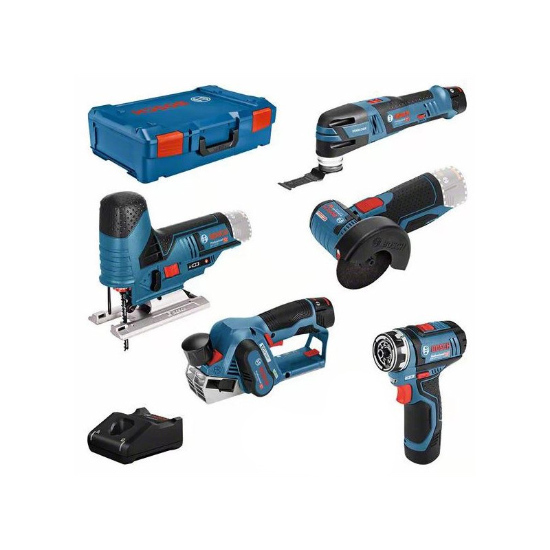 ENSEMBLE DE 5 OUTILS 12V BOSCH (GSR12, GST70, GWS26, GOP12, GHO20) - 2 BATTERIES 2AH - 1 BATTERIE 3AH - COFFRET L-BOXX