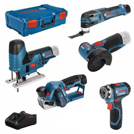 ENSEMBLE DE 5 OUTILS 12V BOSCH (GSR12, GST70, GWS26, GOP12, GHO20) - 2 BATTERIES 2AH - 1 BATTERIE 3AH - COFFRET L-BOXX