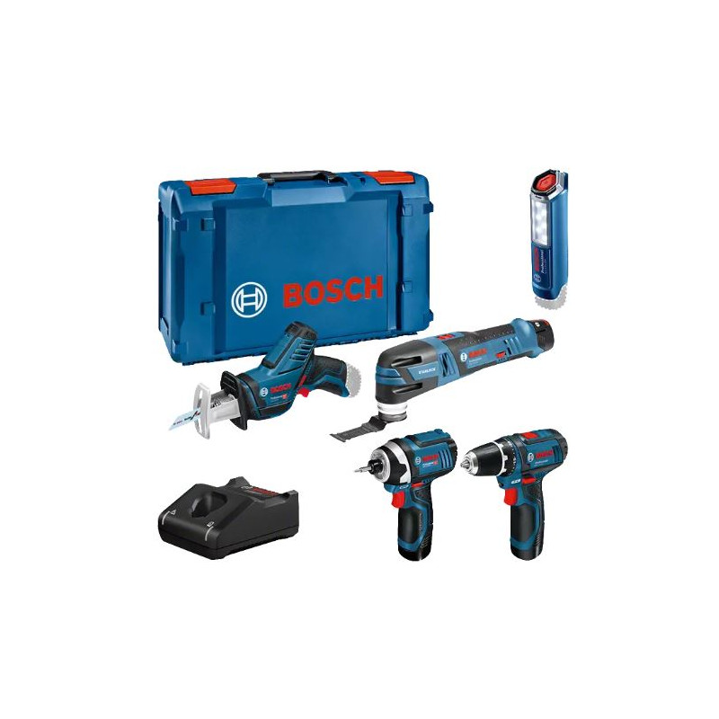 ENSEMBLE DE 5 OUTILS 12V BOSCH (GSR15/GWS76/GOP28/GDR105/GSA14) - 3 BATTERIES 2AH - COFFRET L-BOXX