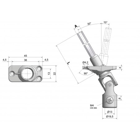 SORTIE DE CAISSON 30° EN NYLON BLANC AVEC PLATINE, DIMENSIONS 22X45