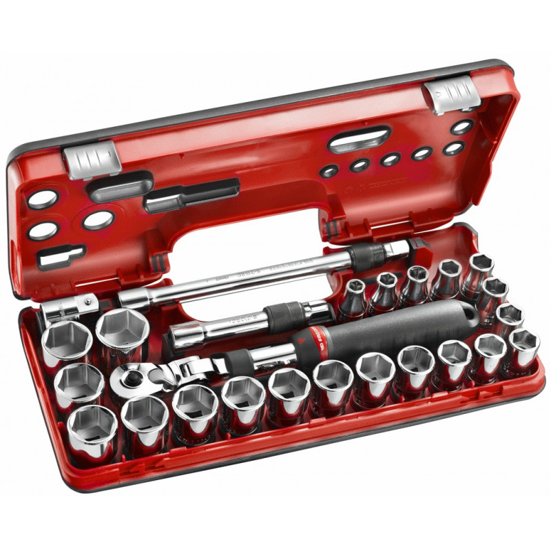 COFFRET DBOX CLIQUET EXTENSIBLE 1/2'' AVEC DOUILLES 6 PANS MÉTRIQUES 25 PIÈCES