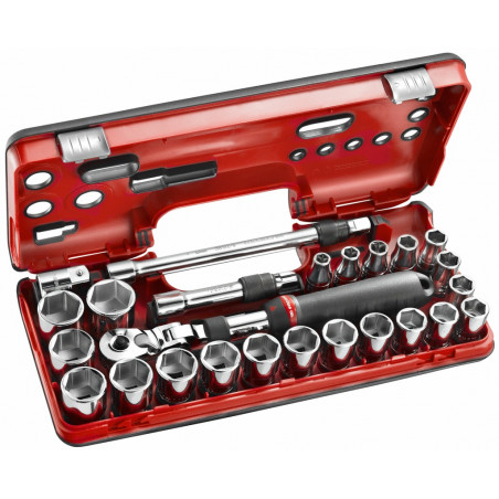 COFFRET DBOX CLIQUET EXTENSIBLE 1/2'' AVEC DOUILLES 6 PANS MÉTRIQUES 25 PIÈCES