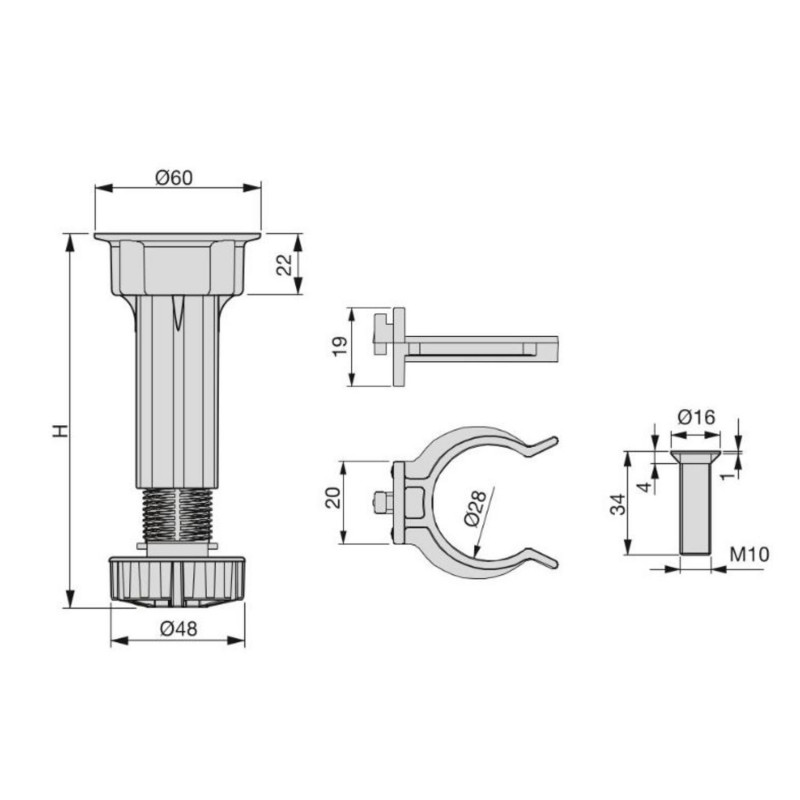 Kit 4 pieds ronds Emuca BONE ABS avec vis et clips réglables