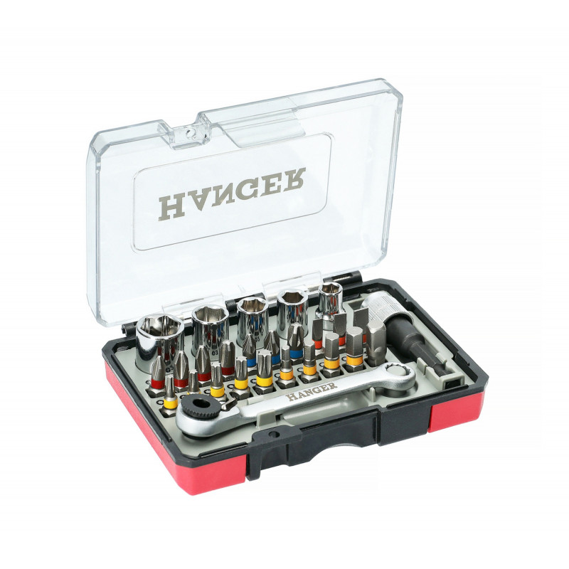 COFFRET 27 PIÈCES EMBOUTS DE VISSAGE ET DOUILLES 1/4'' AVEC CLIQUET