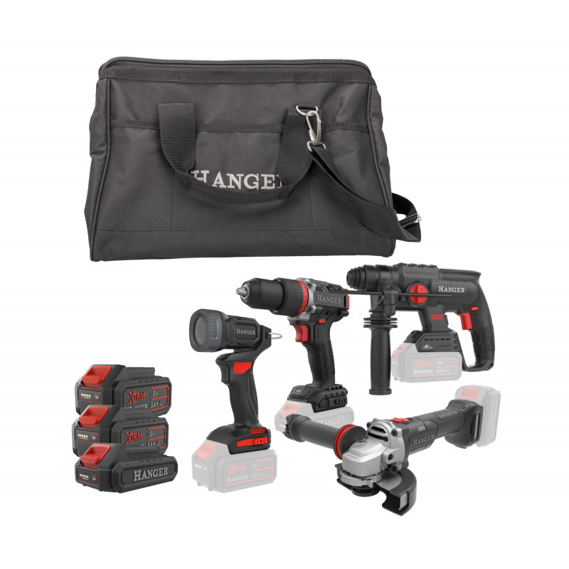 ENSEMBLE DE 4 OUTILS 18V HANGER KT40C5 (DD18-60/HX18-22/GX18-8/LI18-400) - 2 BATTERIES 5 AH - 1 BATTERIE 2 AH - CHARGEUR - SA...