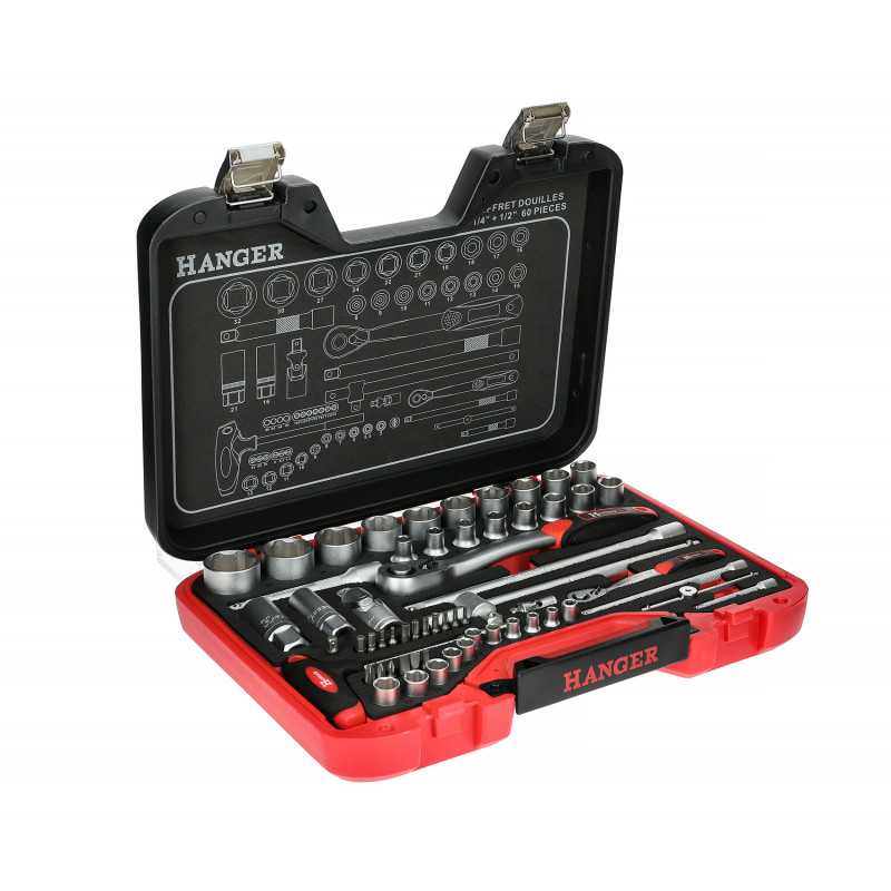 COFFRET DE DOUILLES MÉTRIQUES 1/4'' ET 1/2'' 6 PANS - 60 PIÈCES