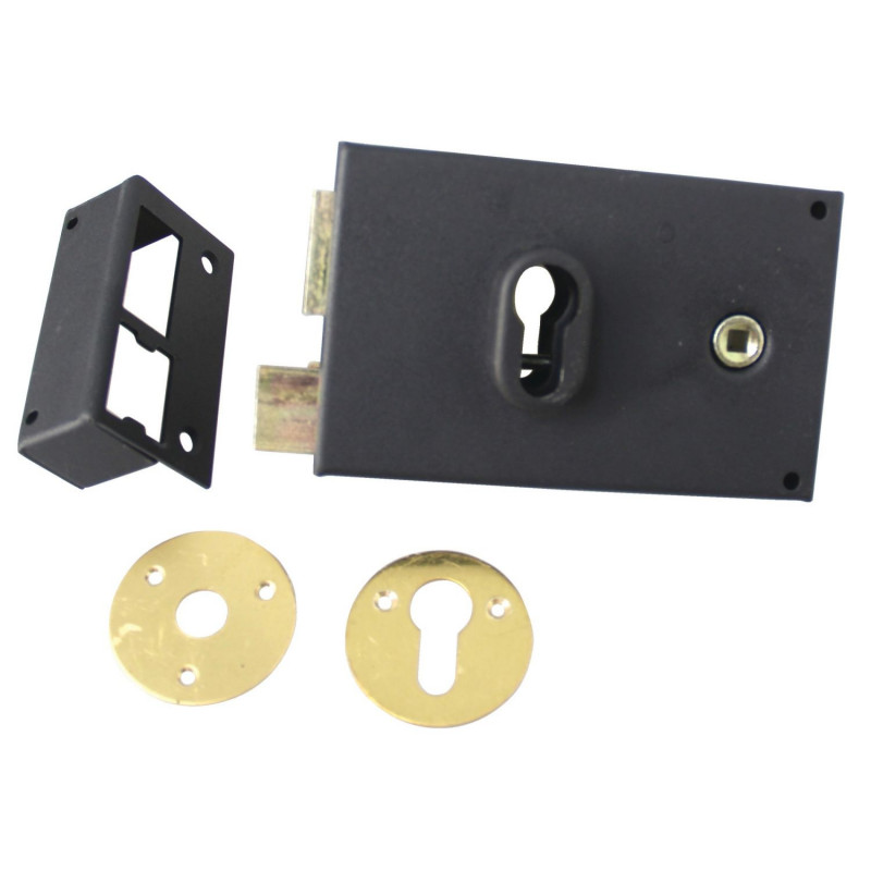 SERRURE DE GRILLE EN APPLIQUE JPM, MONOPOINT HORIZONTALE POUR CYLINDRE EUROPÉEN, FINITION ÉPOXY NOIR