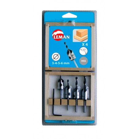 COFFRET DE 4 FORETS HÉLICOÏDAUX AVEC FRAISOIRS BOIS LEMAN