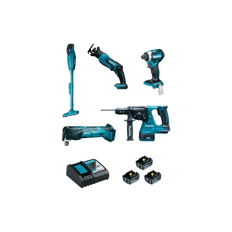ENSEMBLE D'OUTILS 18 V - 5 PIÈCES (DTD154, DJR183, DHR243, DTM51, DCL180) - 3 BATTERIES 5 AH