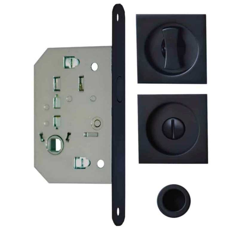 KIT DE PORTE COULISSANTE AVEC ROSACES CARRÉES FINITION NOIRE