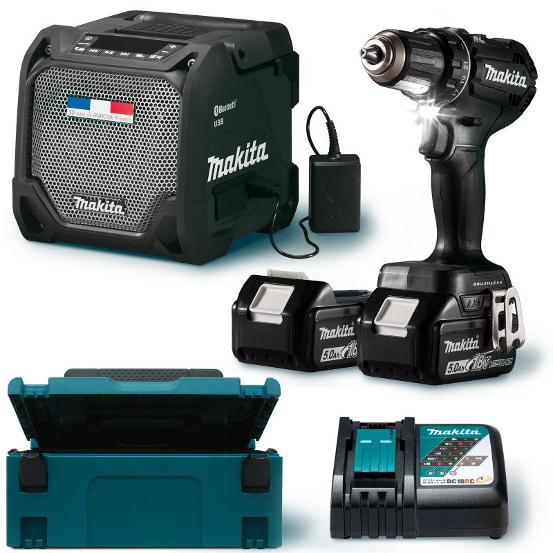 LI ENSEMBLE 18 V PERCEUSE DDF485RTJ ET ENCEINTE DMR200 - 2 BATTERIES 5 AH - COFFRET ÉDITION SPÉCIALE MAKPAC
