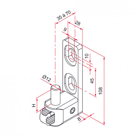 GOND DE PORTAIL L À AXE RÉGLABLE DE 35 À 70 MM PIVOT DIAMÈTRE 12 MM MULTIFIX