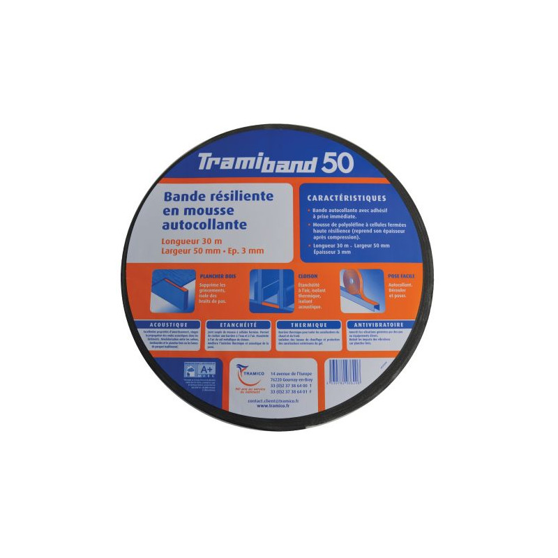 BANDE DE MOUSSE ACOUSTIQUE TRAMIBAND DIAMETRE 50X3 LONGUEUR 30M