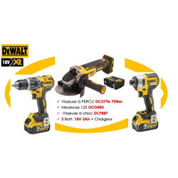 KIT 3 OUTILS XR 18V 5AH LI-ION BRUSHLESS - VISSEUSE + PERCEUSE + MEULEUSE