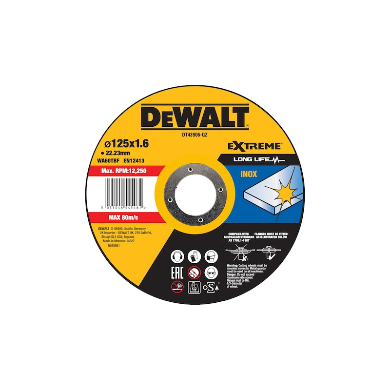 DISQUE À TRONÇONNER L'INOX DEWALT 125 X 1,6 MM - DT43906