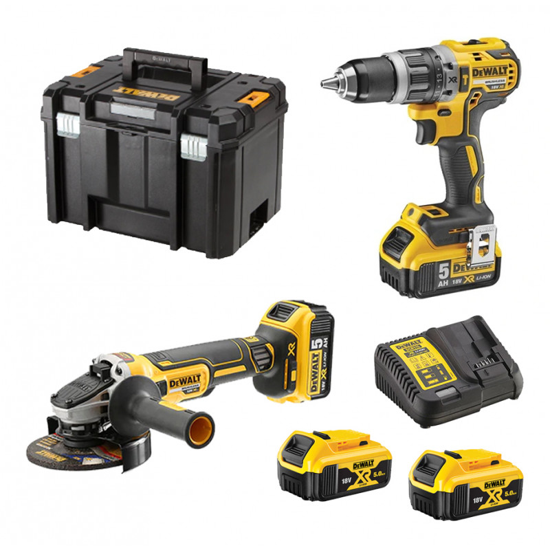 ENSEMBLE DE 2 OUTILS 18V XR DEWALT DCK2080P2T-QW (DCD796/DCG405) - 2 BATTERIES 5AH - CHARGEUR - COFFRET TSTAK