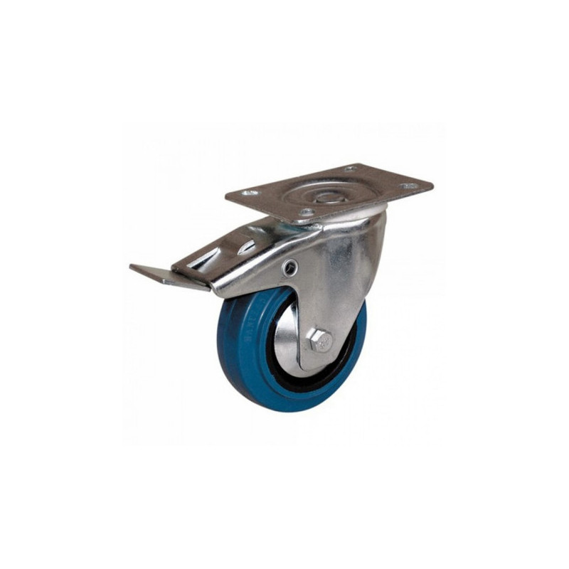 ROULETTE PORTROLL CAOUTCHOUC BLEU À PLATINE PIVOTANTE À FREIN 100 MM