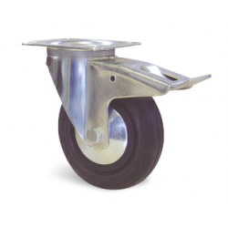 Roulette manutention Roue caoutchouc Série Portroll Fixation à platine pivotante à double blocage Diamètre 80mm Charge 80 kg