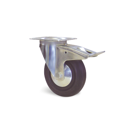 Roulette manutention Roue caoutchouc Série Portroll Fixation à platine pivotante à double blocage Diamètre 80mm Charge 80 kg