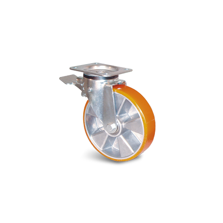 Roulette manutention Roue polyuréthane Série U5B-21 Fixation à platine pivotante à double blocage Diamètre 125mm Charge...