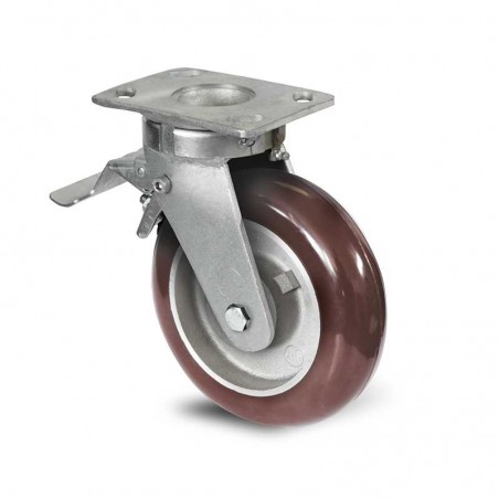 Roulette manutention Roue polyuréthane Série H55B-216 Fixation à platine pivotante dble blocage Ø 100mm Charge 350 kg (c...