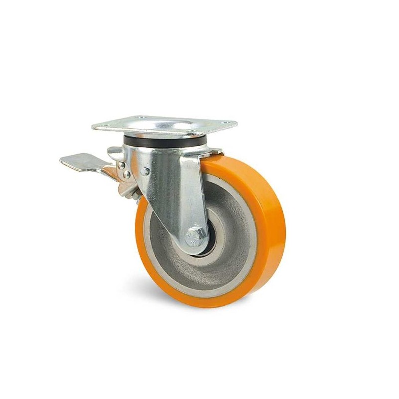 Roulette manutention Roue polyuréthane Série U5B-23 Fixation à platine pivotante à double blocage Diamètre 125mm Charge...