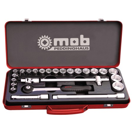 COFFRET MÉTALLIQUE 1/2" 25 PIÈCES 6 PANS CLIQUET ROND