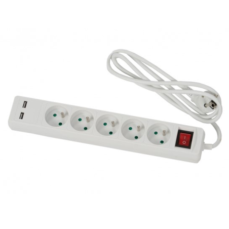 Bloc 5 prises 2P+T + 2 prises USB 3G1 H05VVF 1,5 M protection enfant. Avec Interrupteur