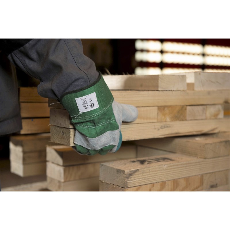 GANTS DE MANUTENTION GÉNÉRALE EN CROUTE GRISE ET RENFORT EN CROUTE VERT EUROSTRONG 154 T 10
