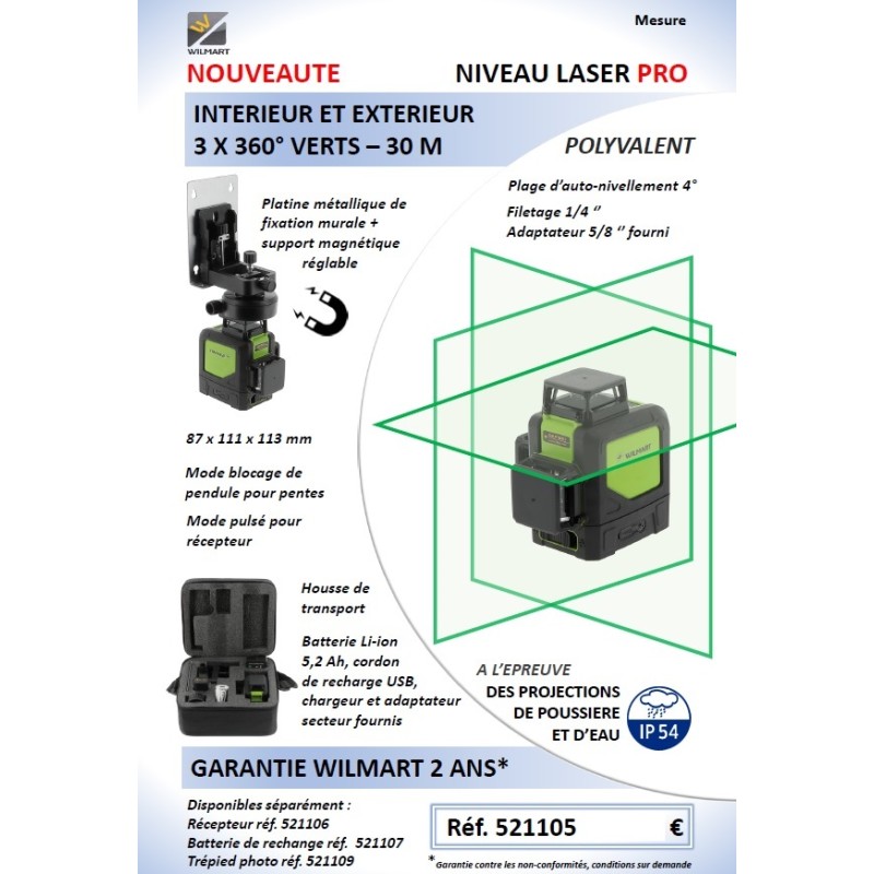 NIVEAU LASER PRO 3LIGNES AUTO NIVELLANT VERTS INT/EXT