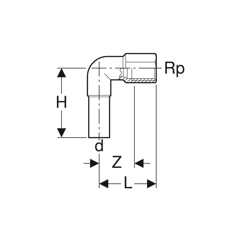 Coude 90° Mapress Acier Inox avec filetage femelle et tube d'emboîtement: d15mm Rp1/2"
