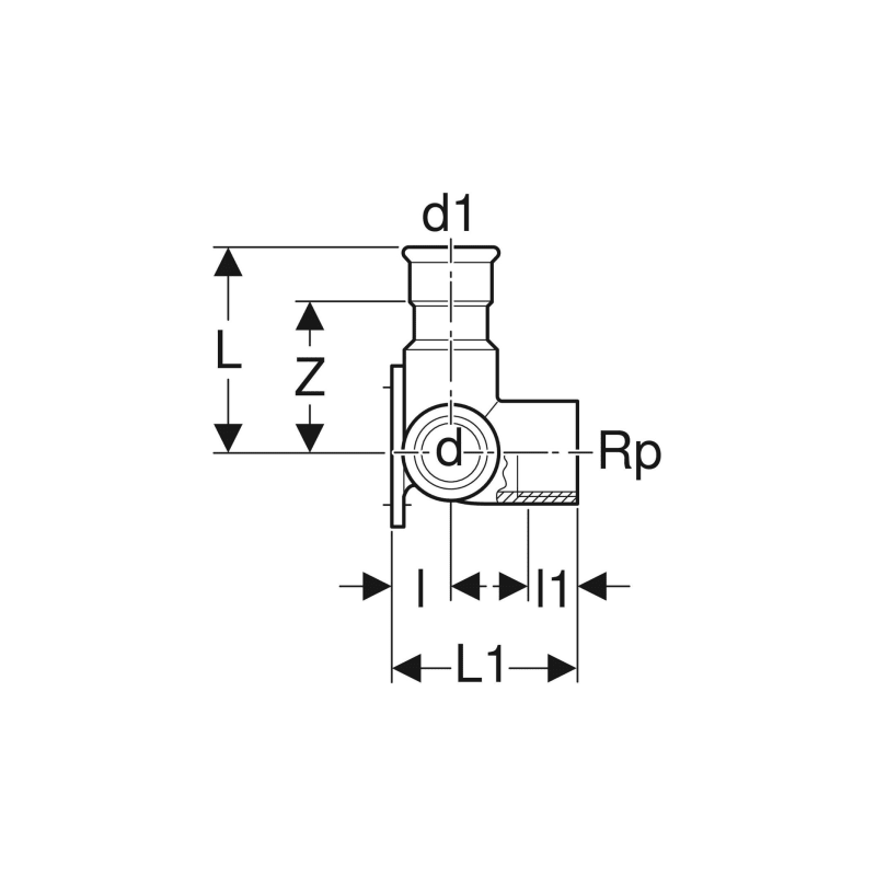 Applique double 90° Mapress Acier Inox à angle droit: d15mm d115mm Rp1/2" L6cm