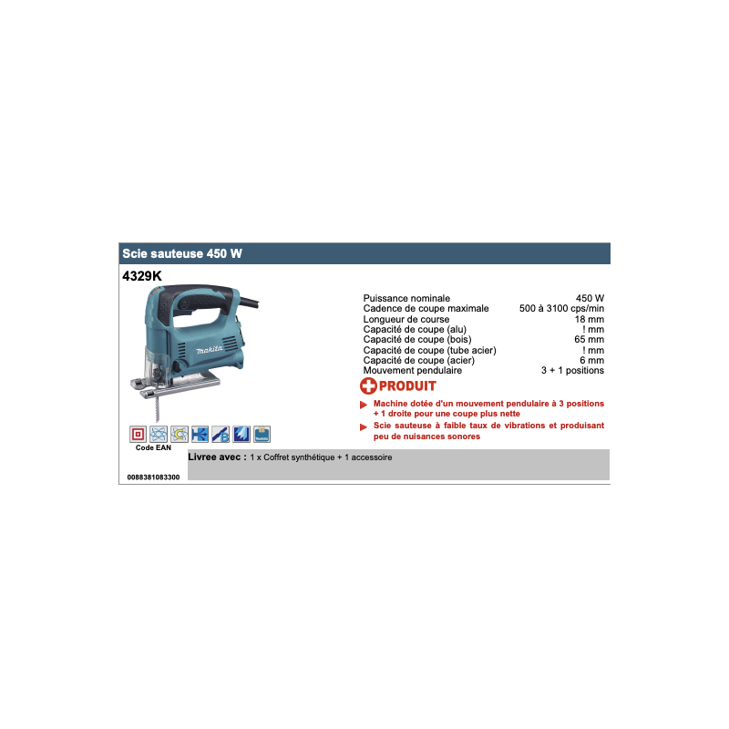 SCIE SAUTEUSE 220 V 450 W (AVEC 1 ETUI DE TRANSPORT)