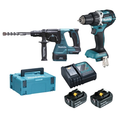 ENSEMBLE DE 2 MACHINES 18 V LI-ION 5 AH  (DDF484 PERCEUSE VISSEUSE + DHR243 PERFO-BURINEUR) (1 MAKPAC + 2 BATTERIES + 1 CHAR...