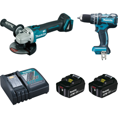ENSEMBLE DE 2 MACHINES 18 V LI-ION 5 AH  (DGA506 + DHP484) (2 MAKPAC + 2 BATTERIES + 1 CHARGEUR + 1 MEULE DE BROYAGE)