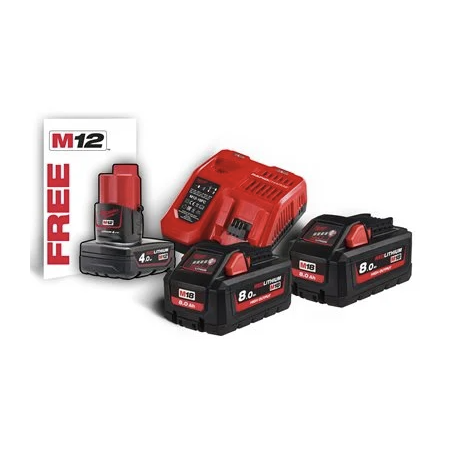 KIT M18 HNRG-802 CHARGEUR ET DE 3 BATTERIES 18V 2X8AH + 12V 1X4AH