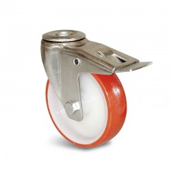 Roulette manutention Roue polyuréthane injecté Ethanyl® Série E4O-28 Fixation à trou central pivotante à double bl...