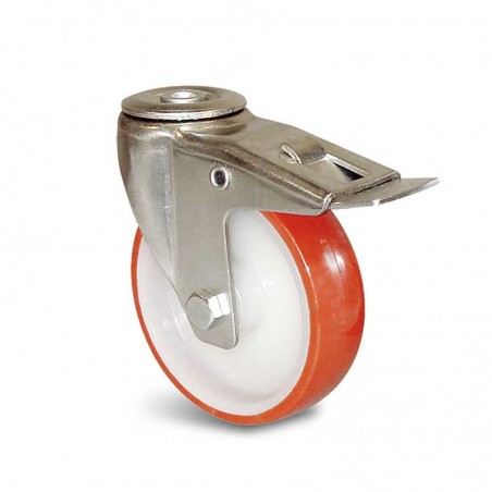 Roulette manutention Roue polyuréthane injecté Ethanyl® Série E4O-28 Fixation à trou central pivotante à double bl...