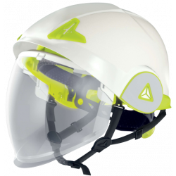 CASQUE DE CHANTIER DOUBLE COQUE BLANC  AVEC VISIERE ESCAMOTABLE ( Risque électrique 1500 v.c )