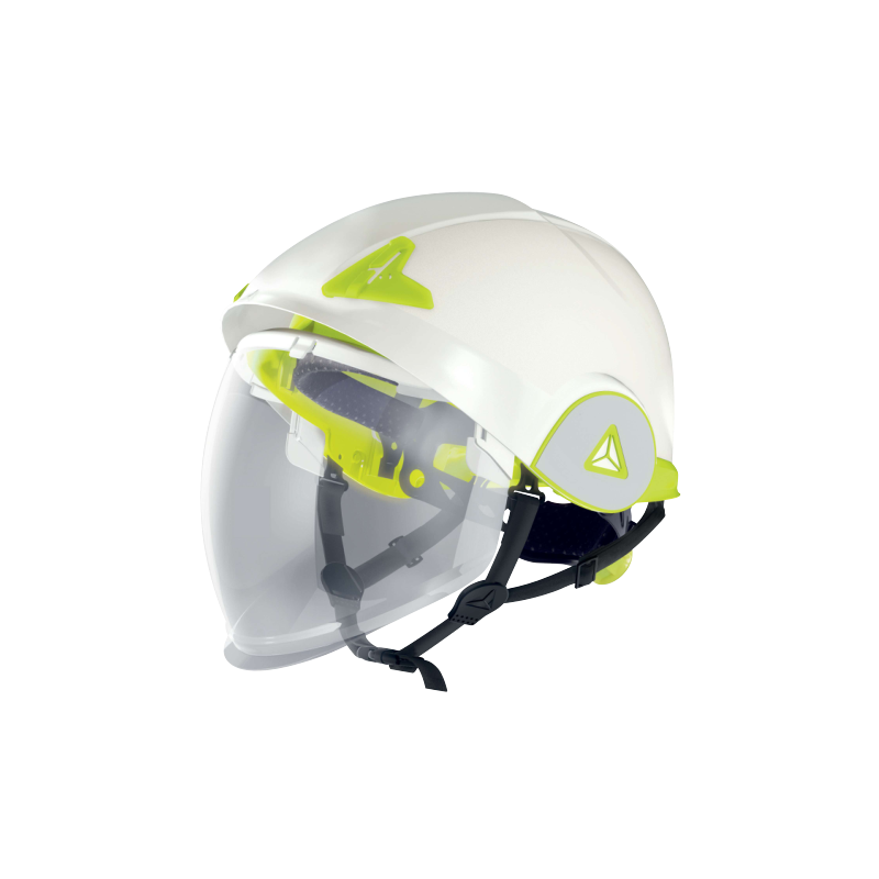 CASQUE DE CHANTIER DOUBLE COQUE BLANC  AVEC VISIERE ESCAMOTABLE ( Risque électrique 1500 v.c )